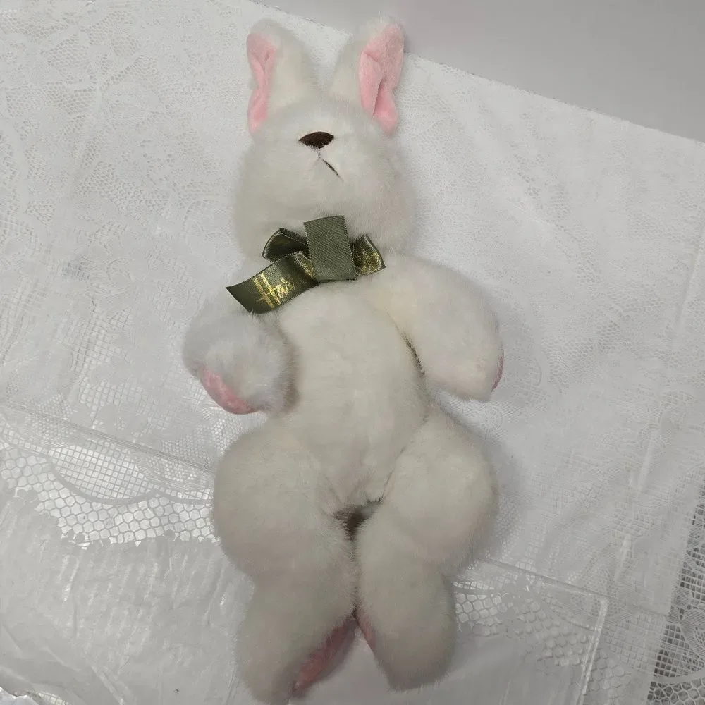 Vintage Harrods White Easter Bunny Rabbit Plush Olive Ribbon Made In Vietnam